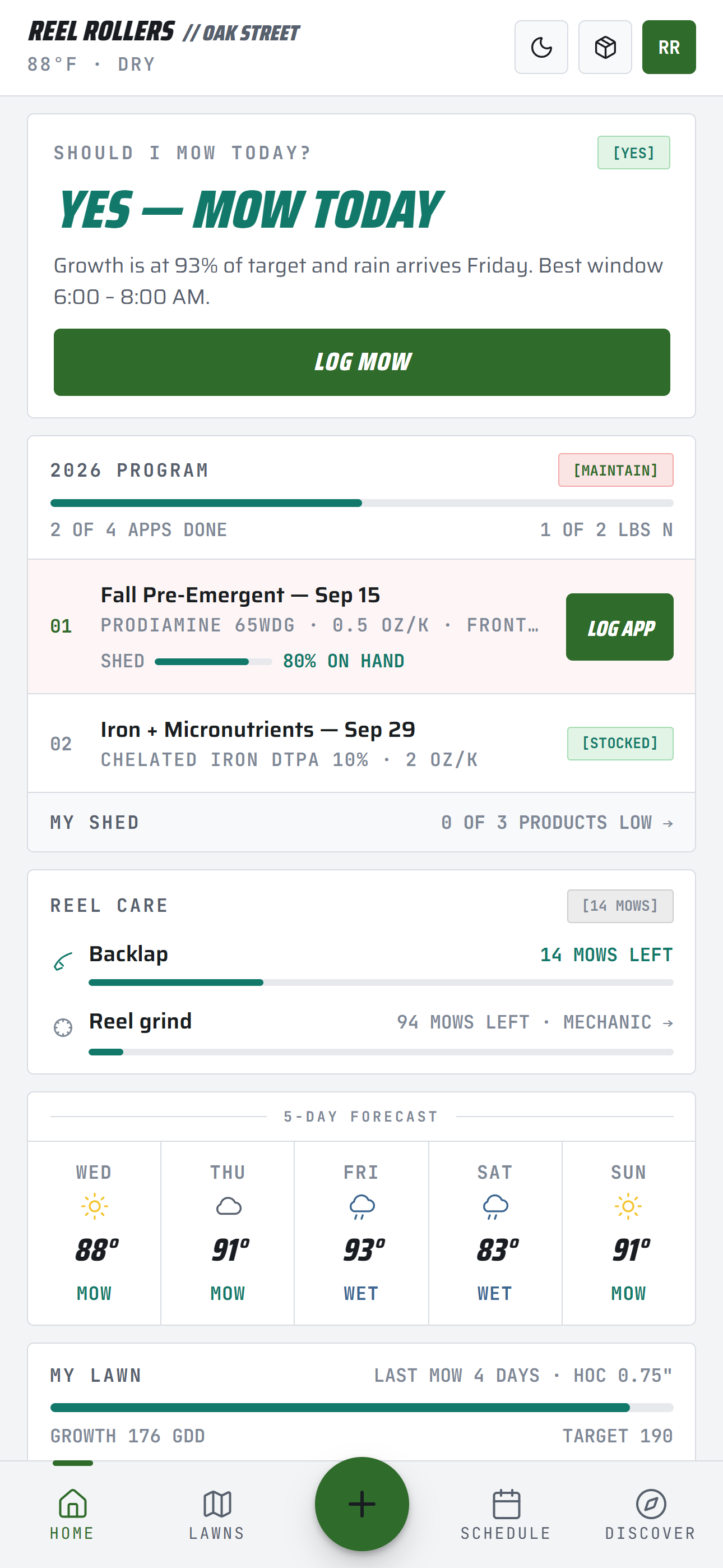 Reel Rollers dashboard — mow window, GDD tracking, program schedule and water balance