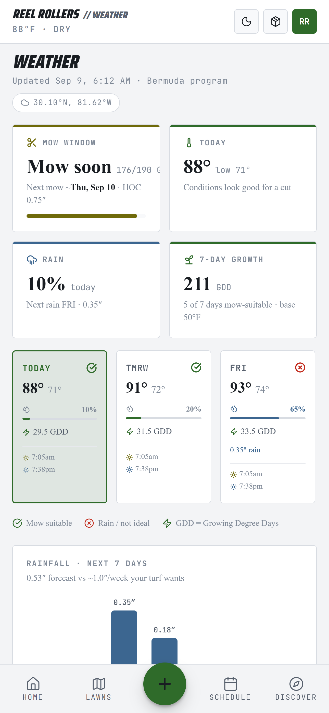 Reel Rollers weather screen — mow window, rainfall forecast and daily GDD for your lawn